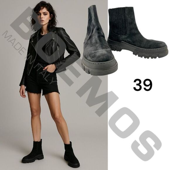 BOEMOS Black Suede Chelsea Combat Boots Women’s Size 39 Made in Italy Moto Goth - Picture 1 of 10